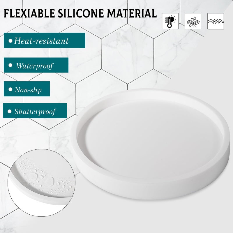 Heagoale Silicone Bathroom Tray Round Vanity Tray Decorative Soap Holder Kitchen Countertop Organizer Coffee Table Decor for Candle, Perfume, Plant, 8 Inch, White - Image 3